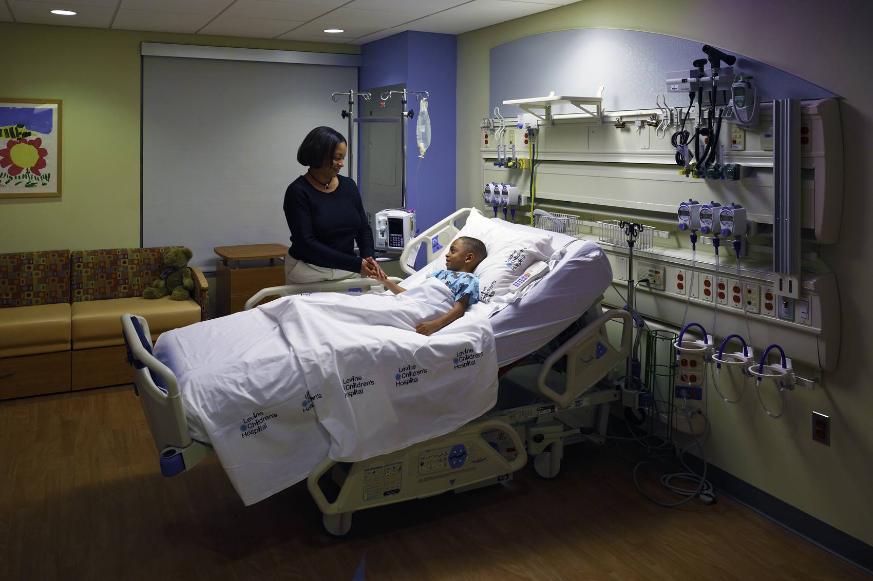 A patient room at Levine Children's Hospital