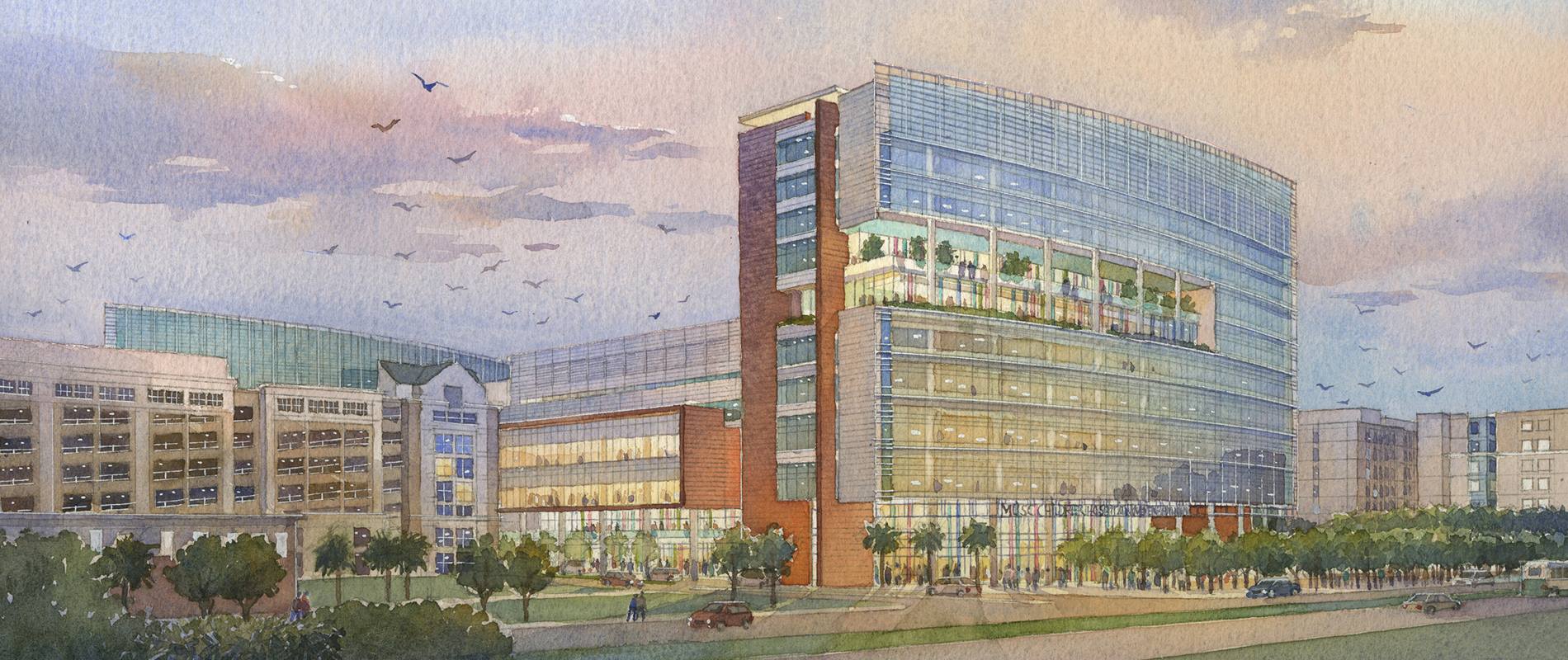 watercolor rendering of the Shawn Jenkins Childrens Hospital and Womens Pavilion project